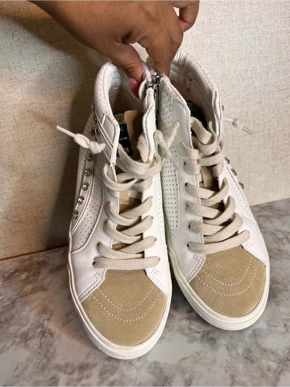Vintage Cream & White High-Top Sneakers with Stud Accents